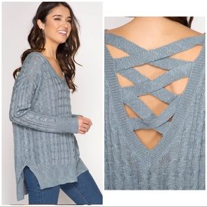 Lattice back cable knit gray sweater